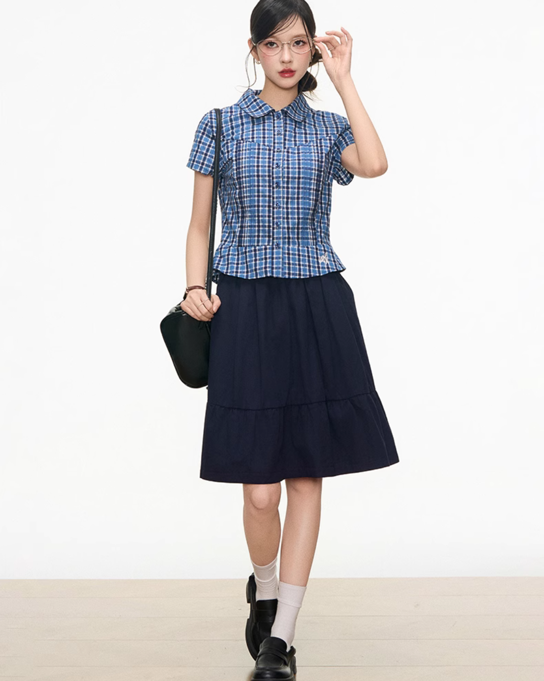 Checked Short Sleeve Shirt / Dark Blue Midi Skirt WEO0028