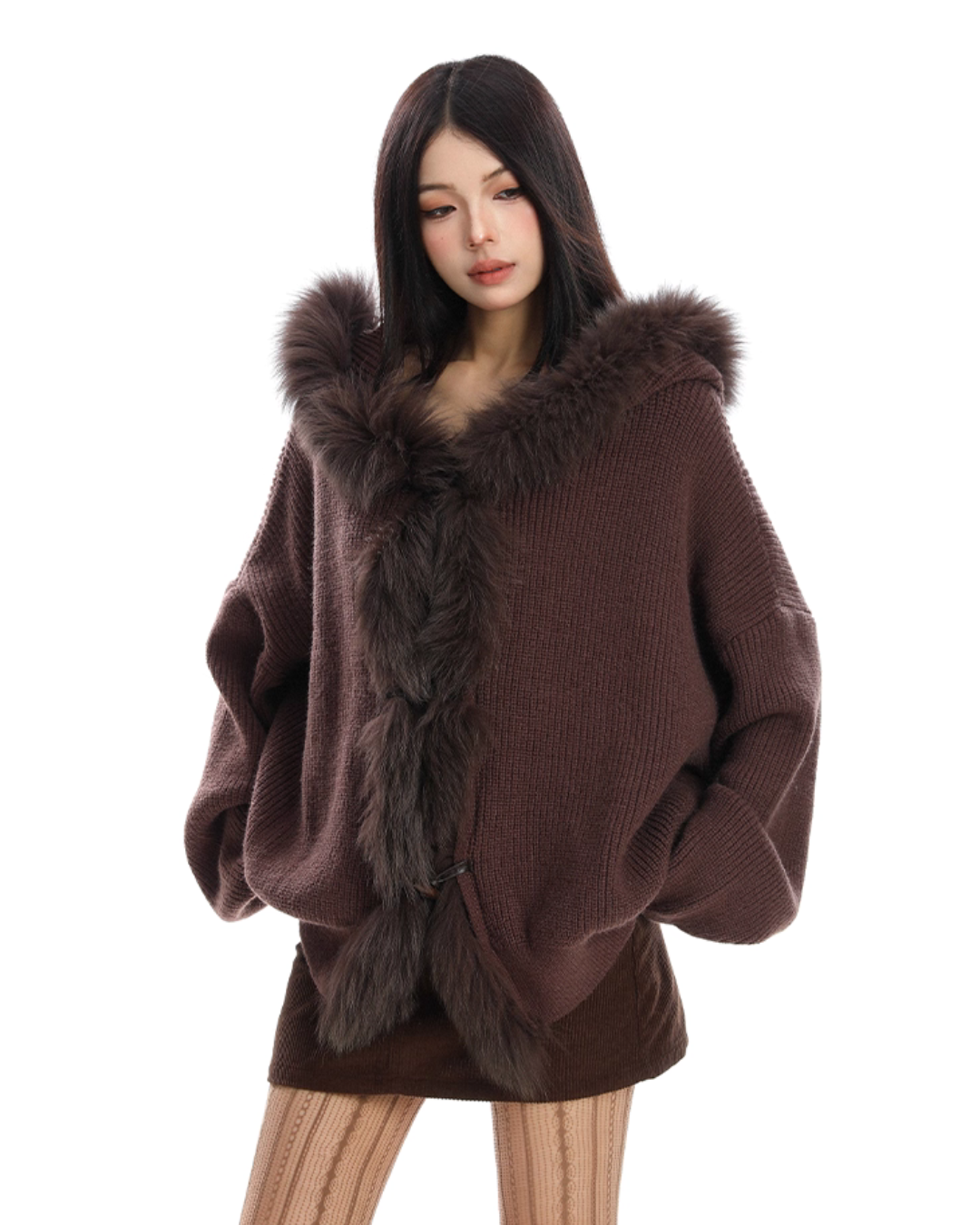 Fur Hood Zip Up Knit BGS0018