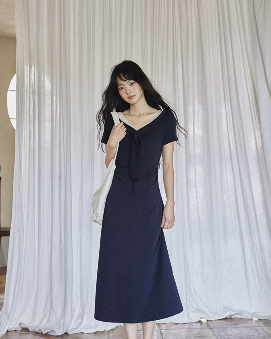 V-neck Navy Blue Dress SMS0025