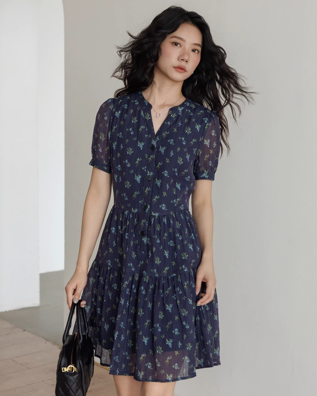 French Floral Retro V-Neck Dress VAS0015