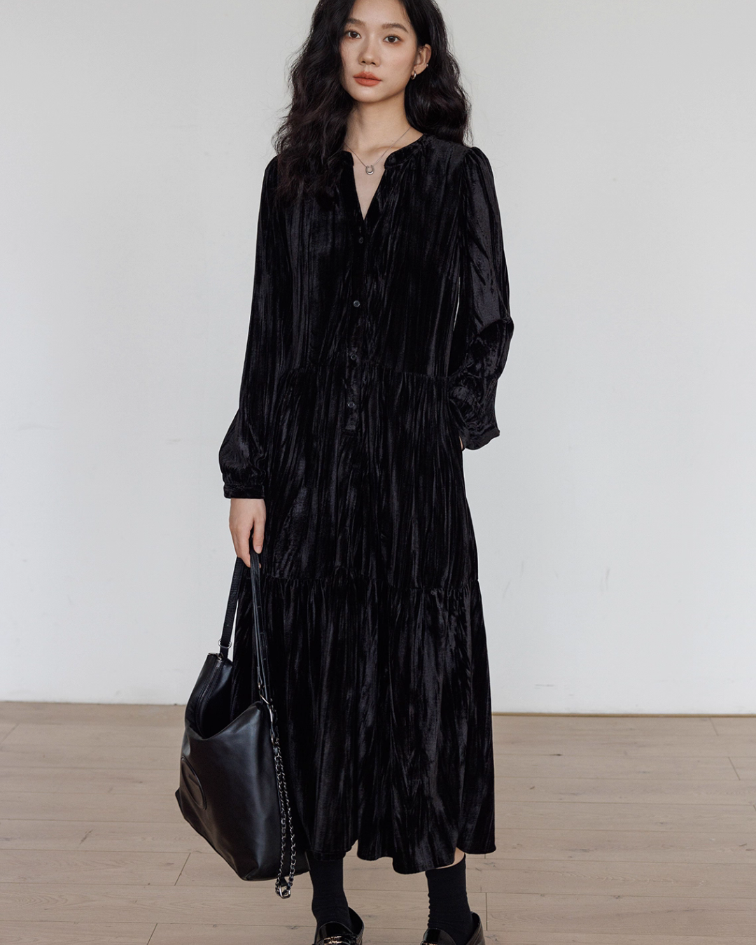 V-Neck Velvet Long Dress VAS0144