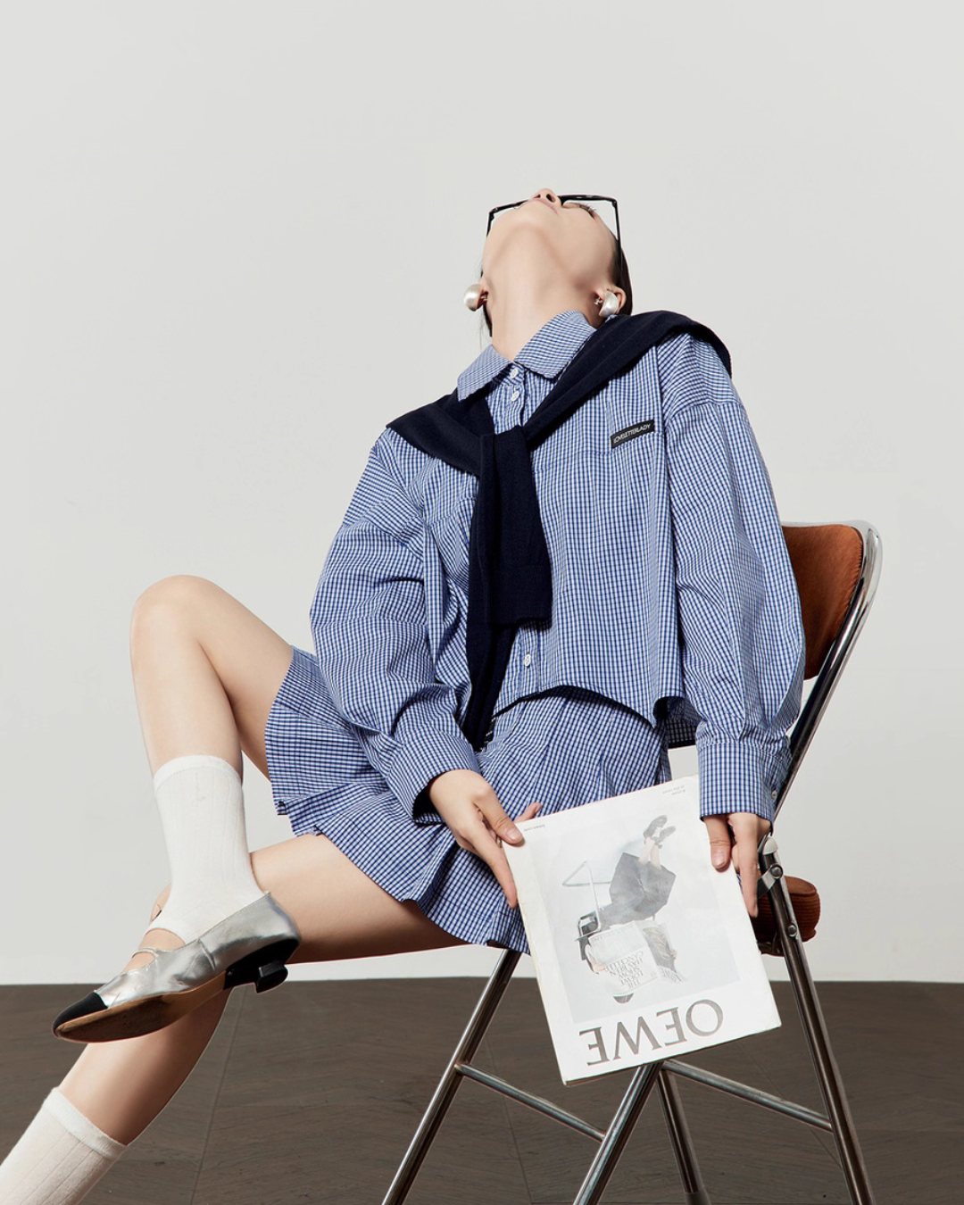 Blue Check Long Sleeve Shirt / Relaxed Mini Skirt LLA0513