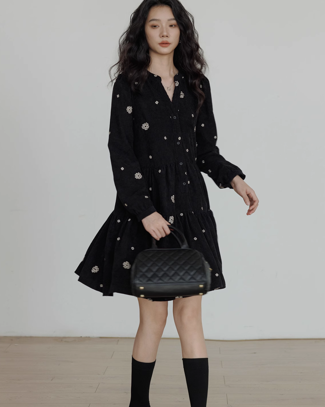 V-Neck Flower Embroidered Dress VAS0001