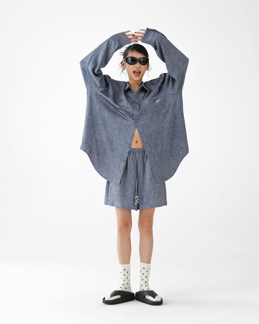 Dark Blue Drape Shirt / Waide Long Pants ACS0264