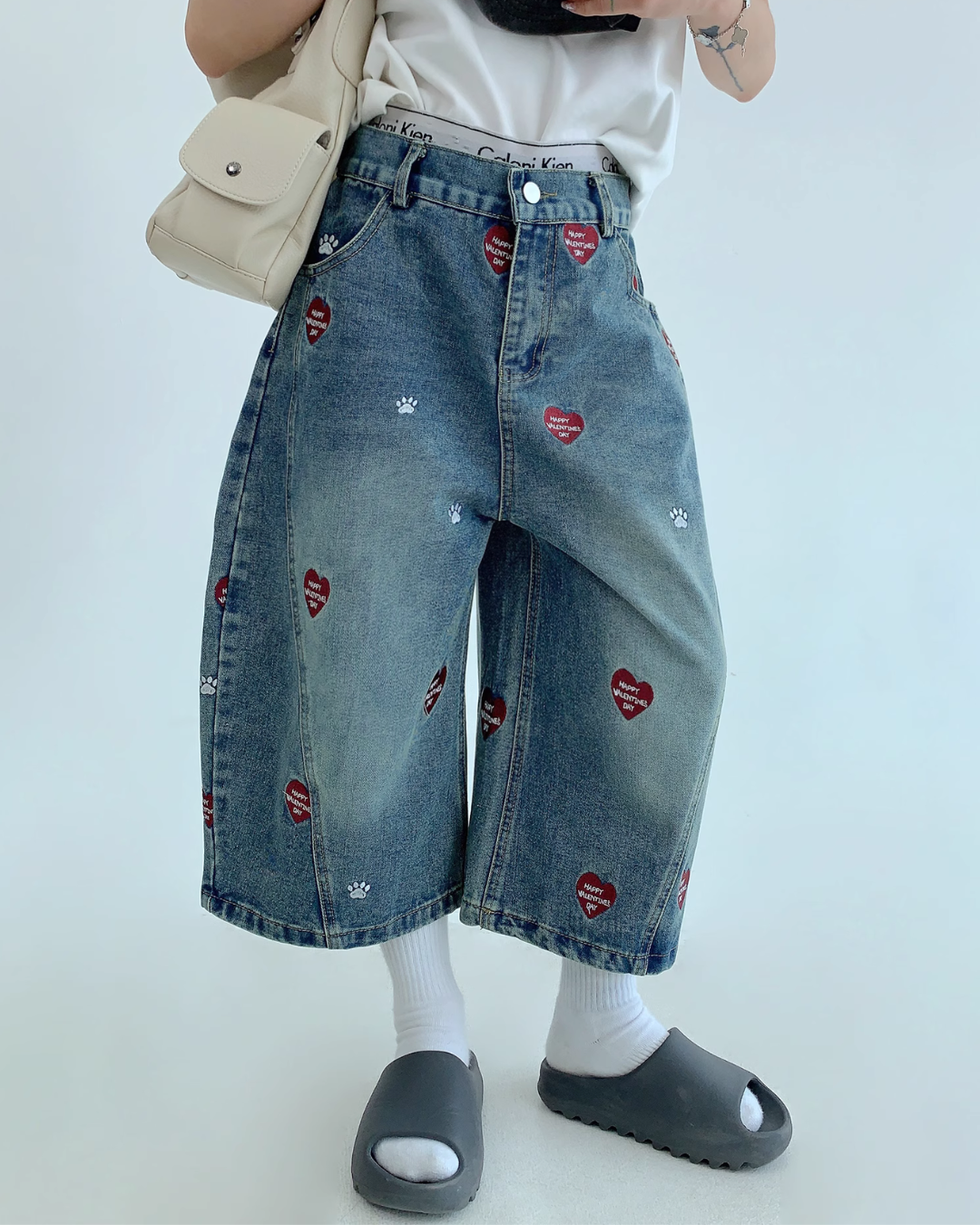 Heart Embroidery Design Wide Denim Pants YLS0851