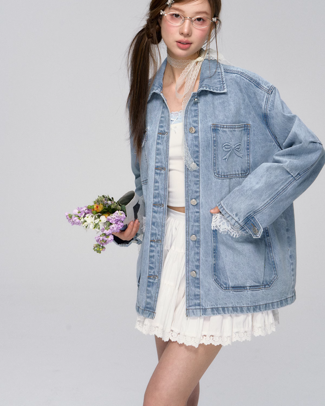 Lace Pocket Denim Jacket / Cropped Lace Camisole ASG0029