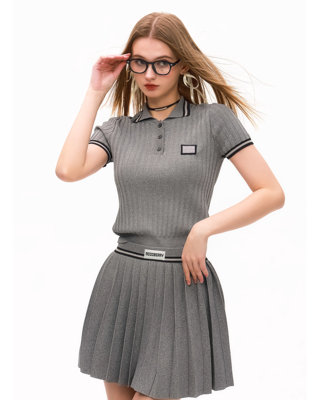 Polo Rib Knit Top / Pleated Skirt MDB0001