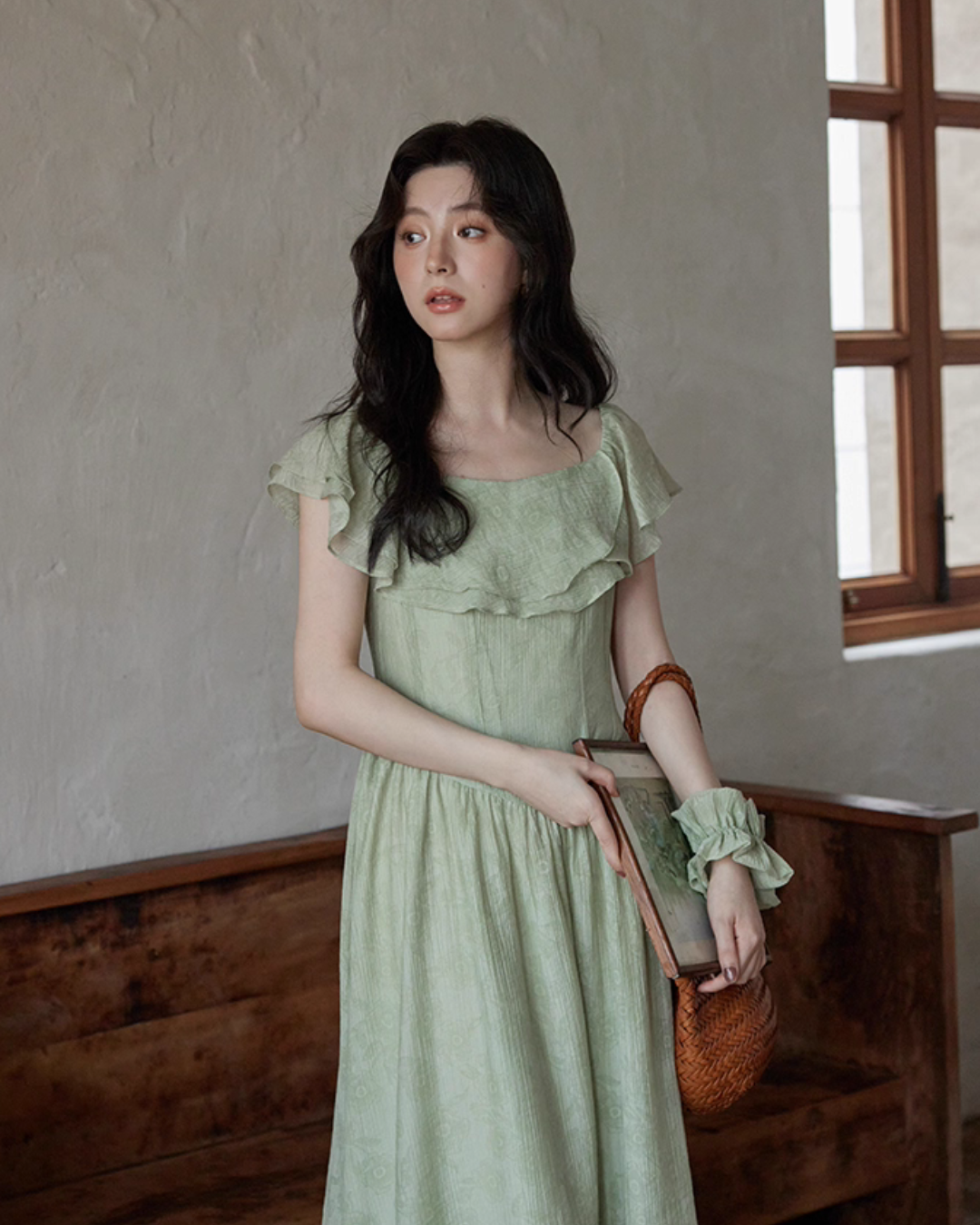 Frill Collar Green Long Dress SMS0012