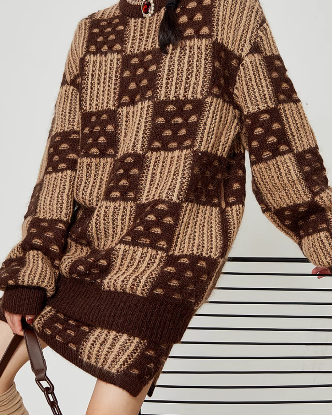Checker Board Crewneck Knit / Tight Mini Skirt LLA0356