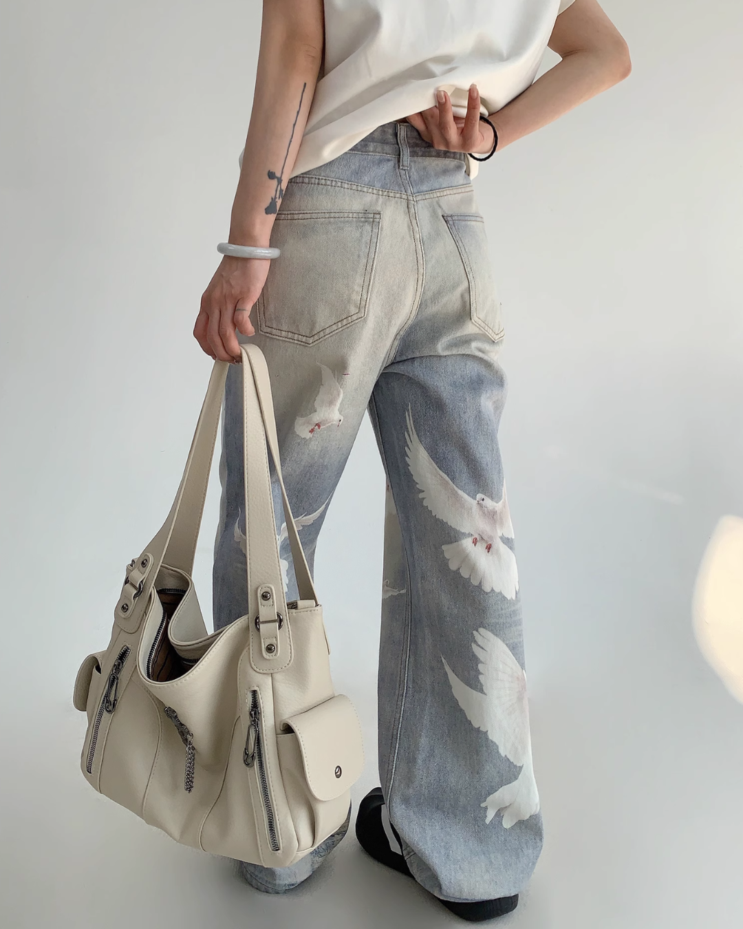 Bird Print Wide Denim Pants YLS0825