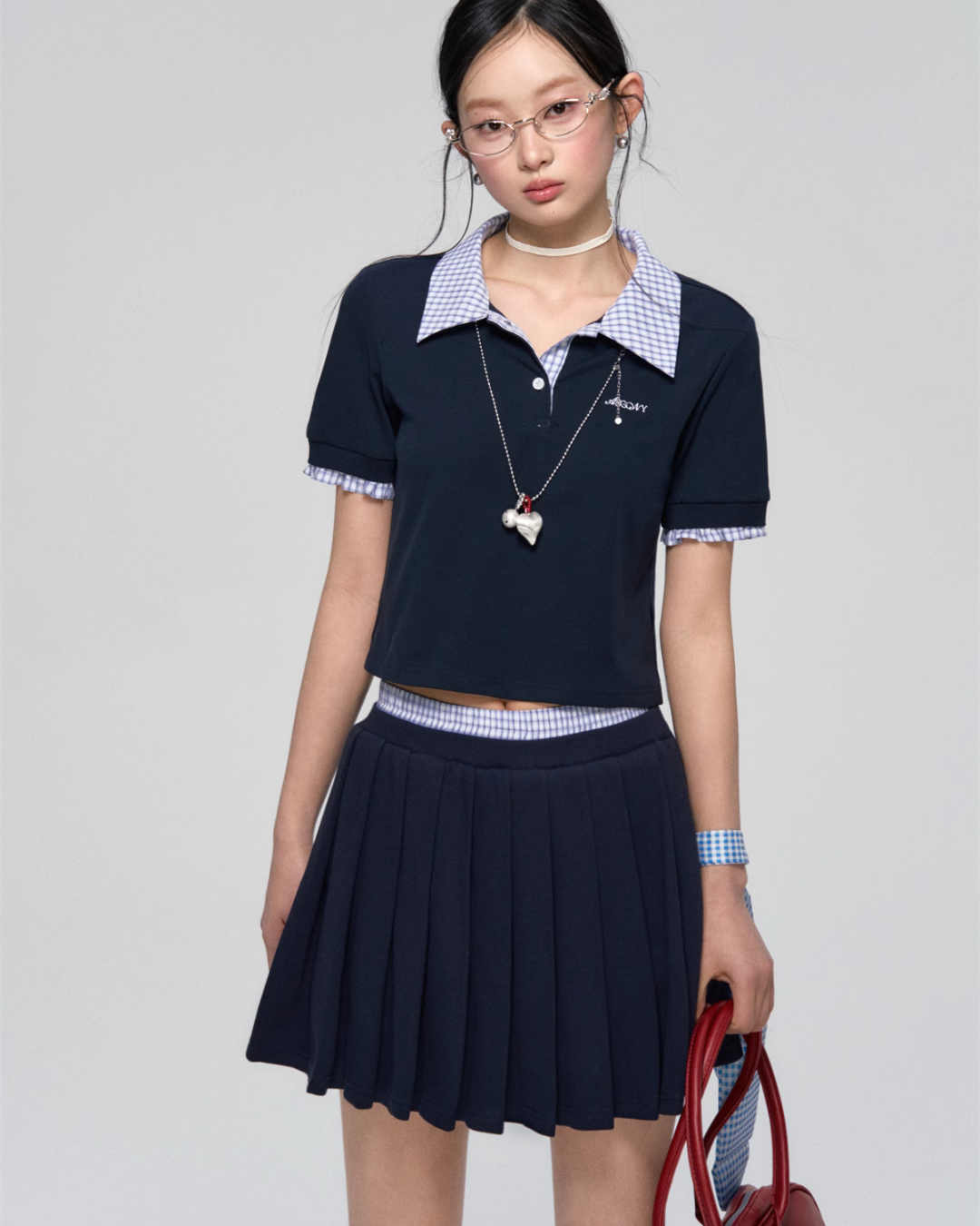 Checked Collar Half Button Top ASG0042