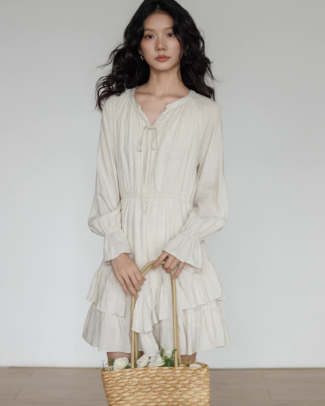 Round Neck Linen Long Sleeve Dress VAS0152