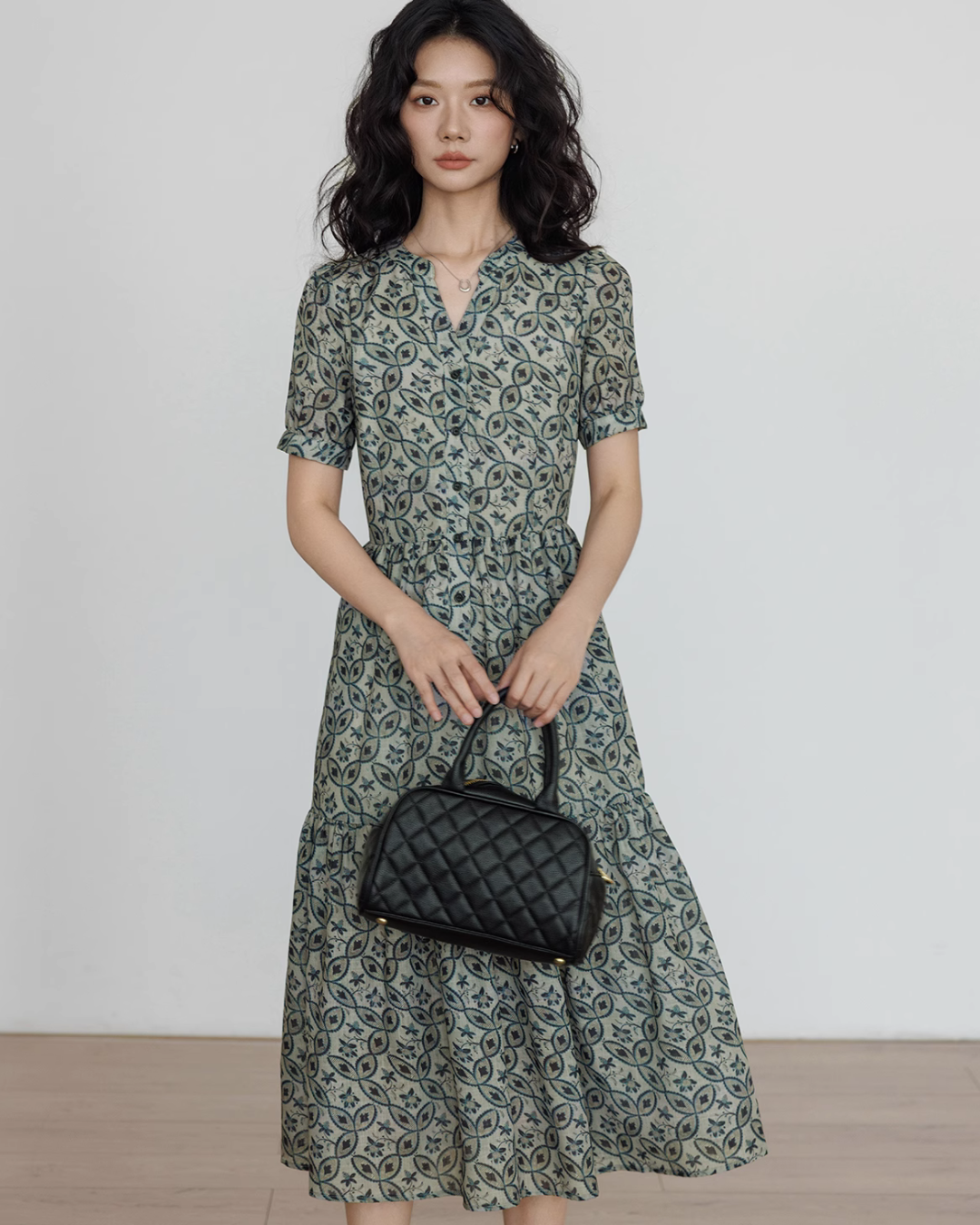 V-Neck Botanical Long Dress VAS0065