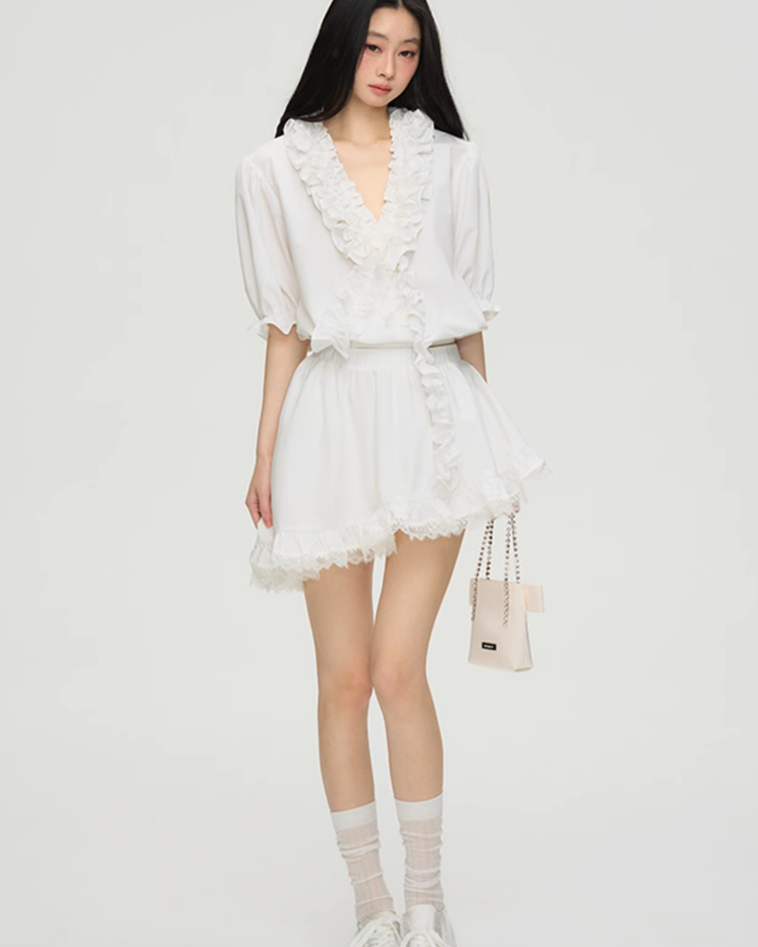 V-Neck Cream Lace Top / Asymmetrical Lace Skirt PUC0014