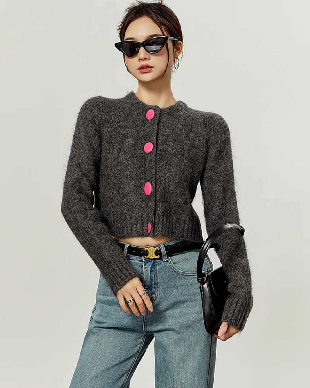 Pink Button Cropped Knit Cardigan LLA0371