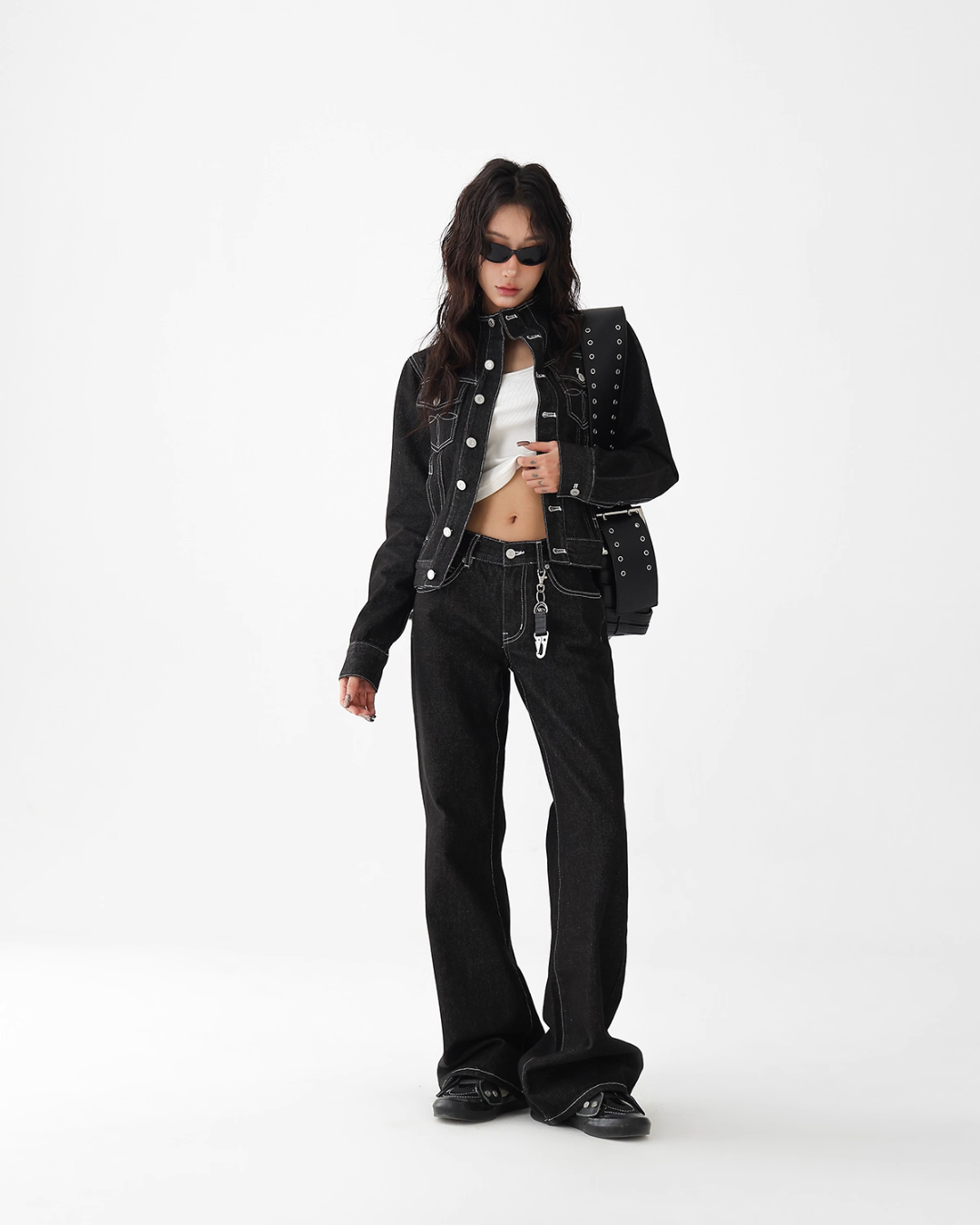 High Neck Stitch Denim Jacket / Wide Denim Pants ACS0265