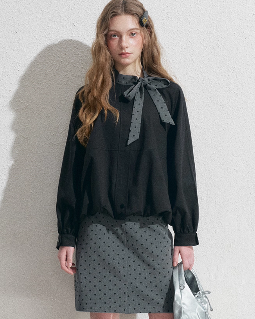 Ribbon Collar Long-Sleeve Blouse / Polka Dot Skirt NEP0002