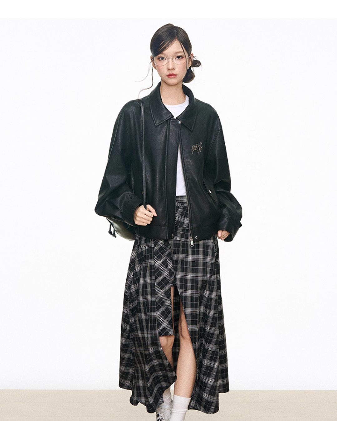 Leather Jacket / Asymmetric Check Pattern Skirt WEO0064