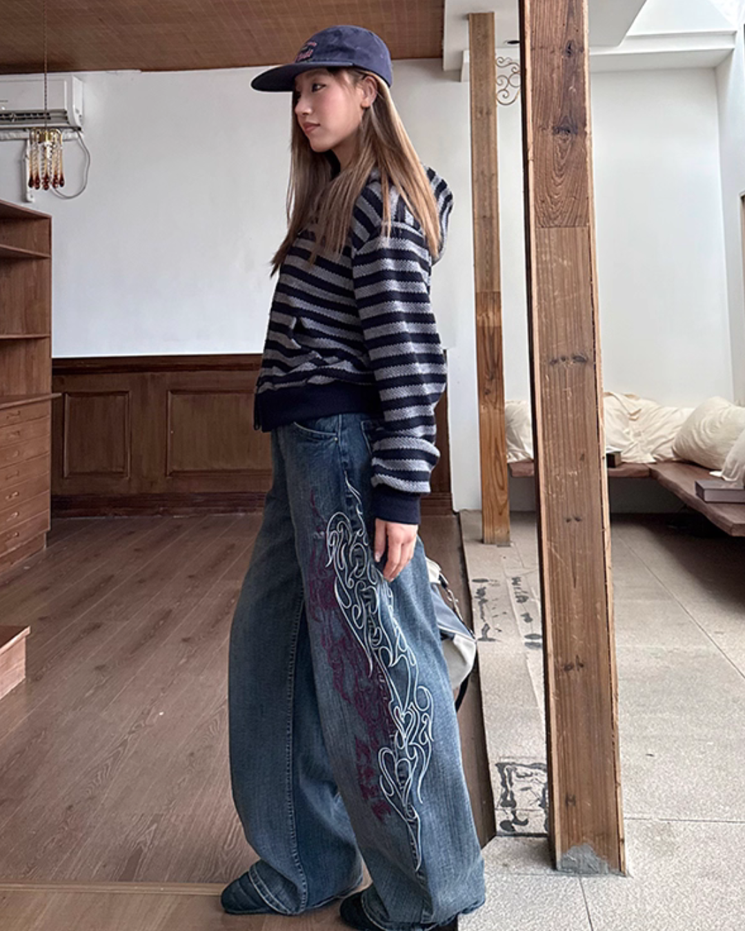 Retro Embroidered Bamboo Denim Pants CYE0048