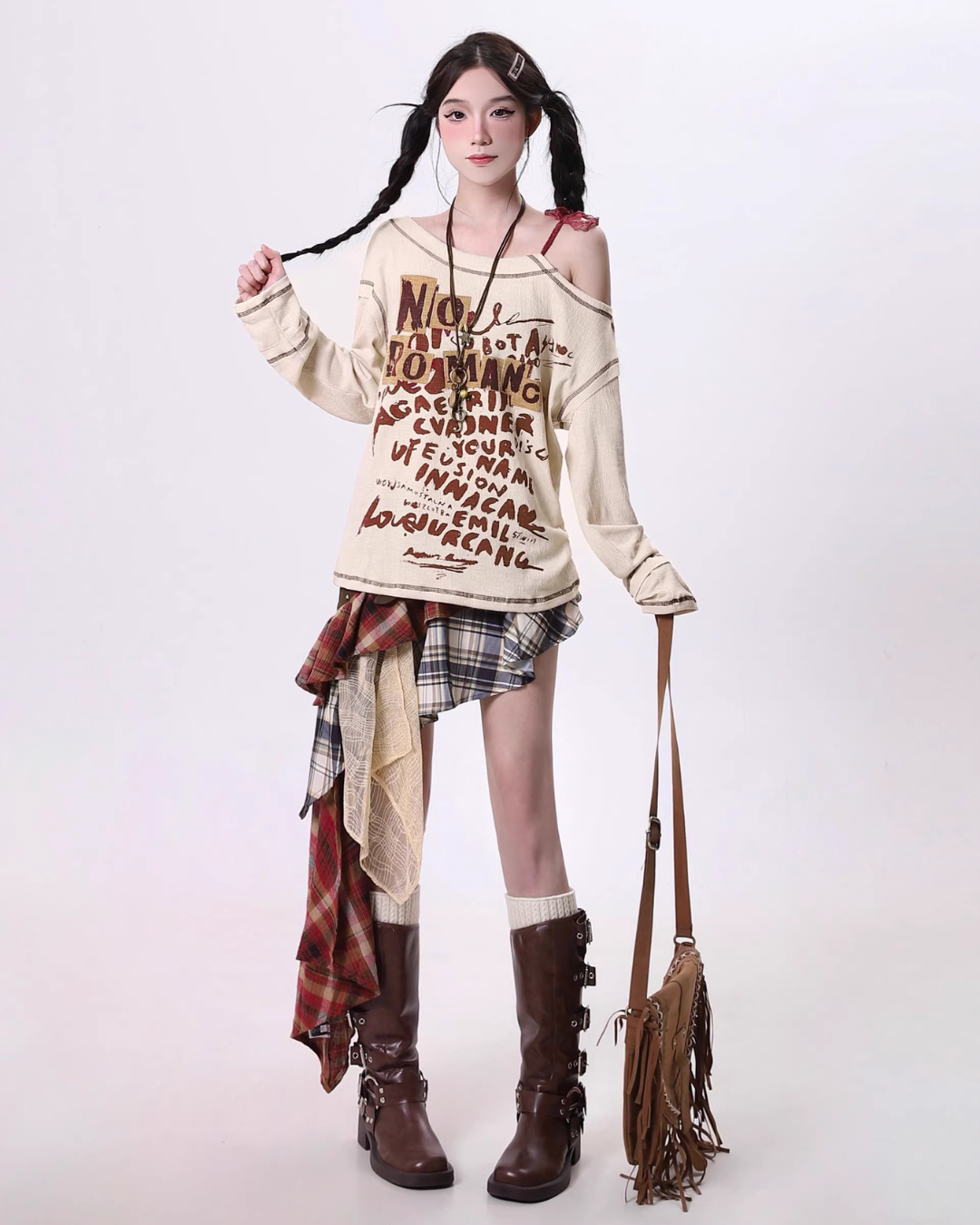 One Shoulder Loose Top / Paid Shirt Remake Skirt RHP0028