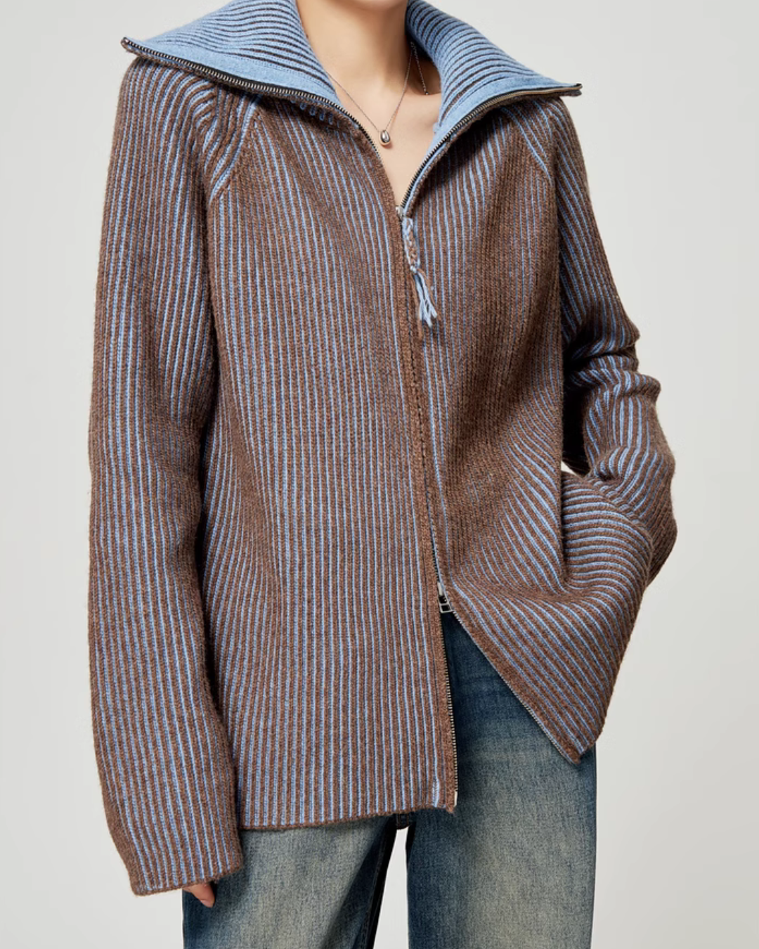 Double Zipper Knit Cardigan / Vintage Denim Pants LLA0344