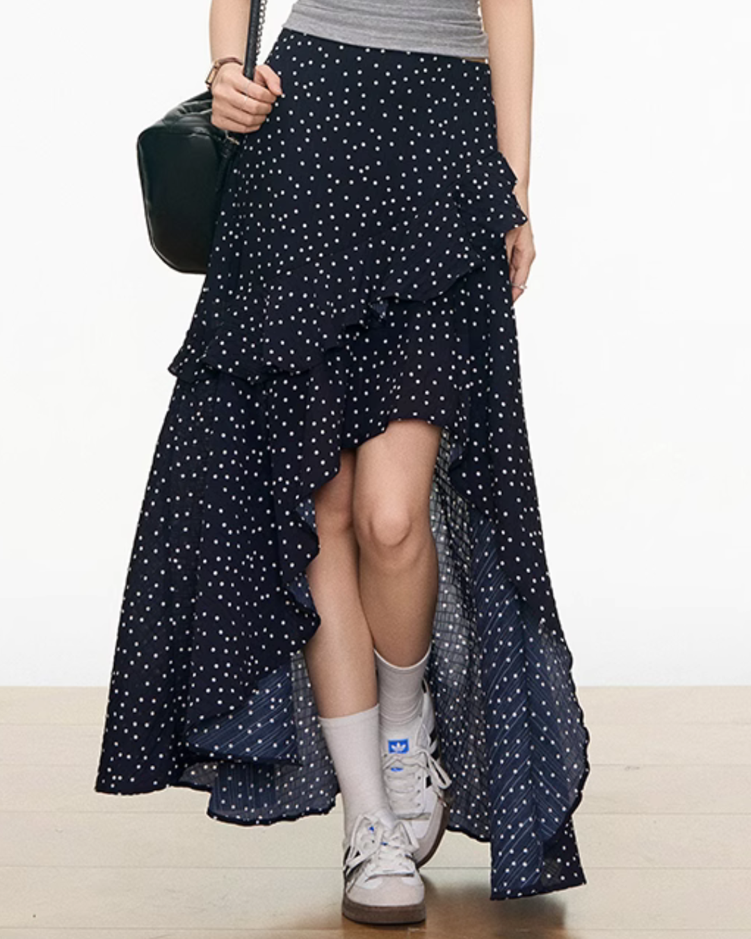 Gray Off-Shoulder Top / Navy Blue Polka Dot Long Skirt WEO0033