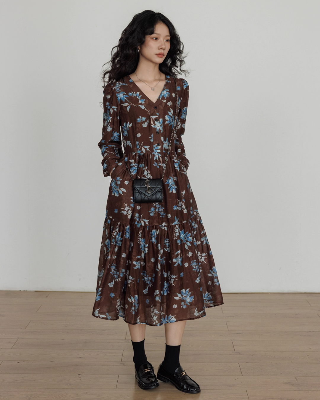 V-Neck Linen Print Elegant Dress VAS0151