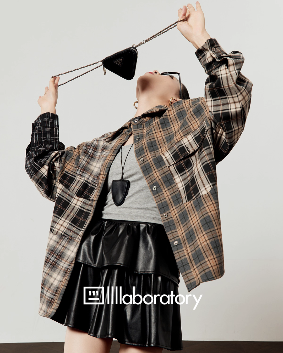 Brown Plaid Shirt / Leather Mini Skirt LLA0519