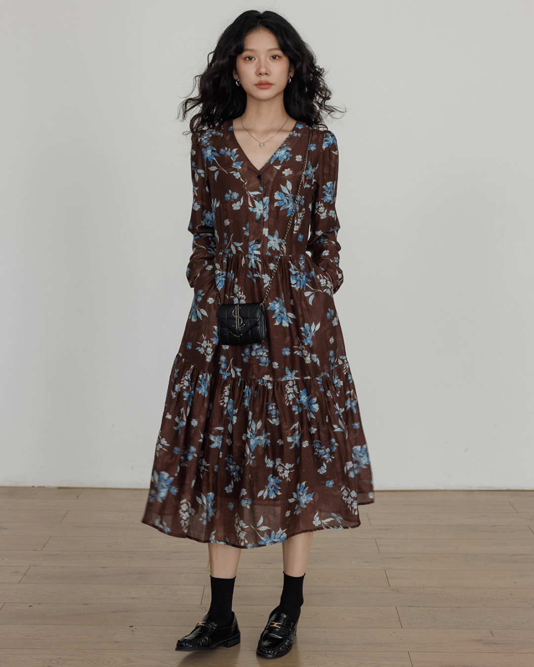 V-Neck Linen Print Elegant Dress VAS0151