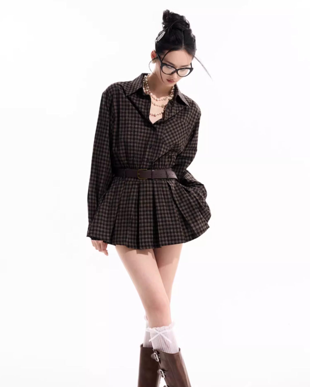 Plaid Pleated Shirt Dress TUW0006