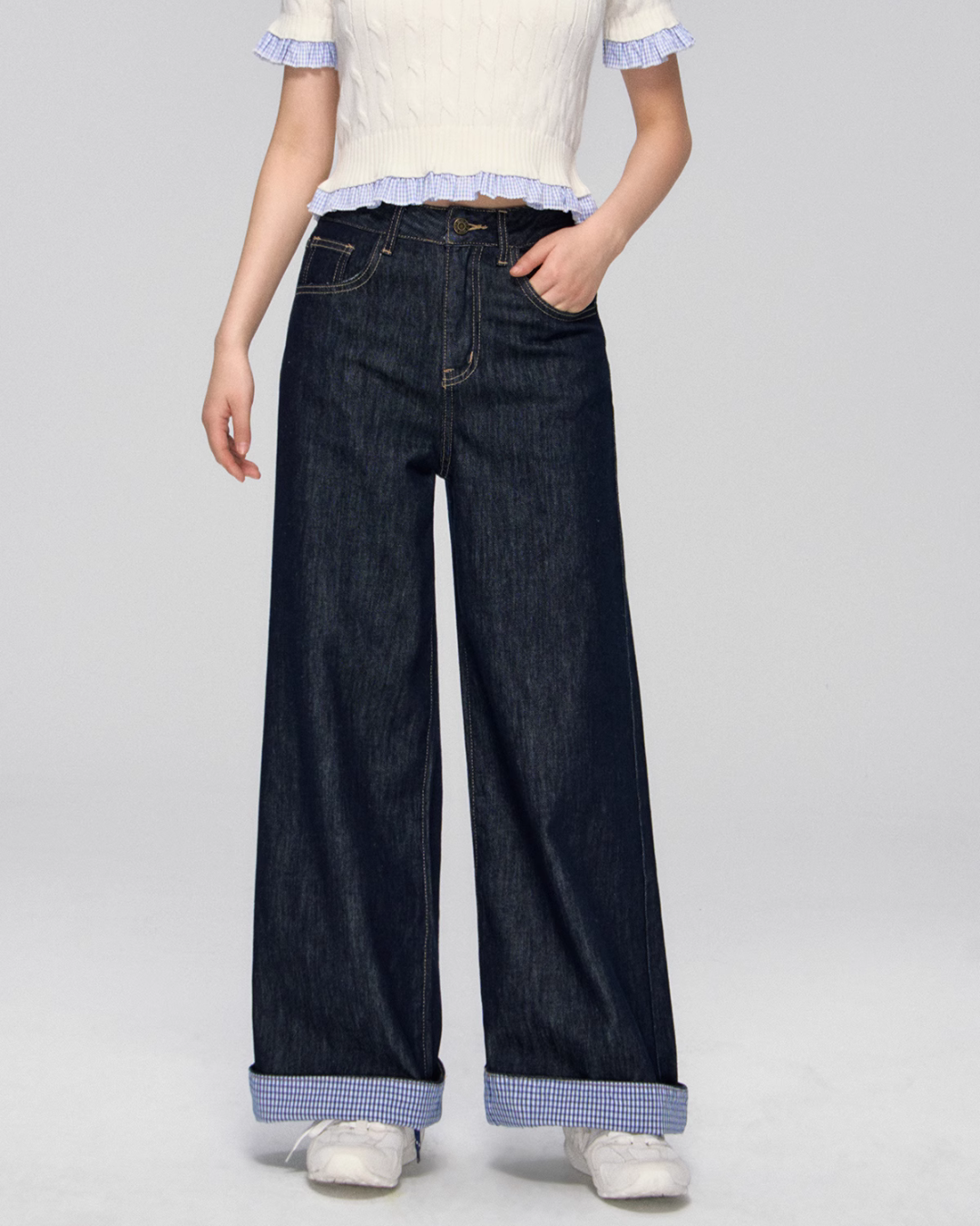 Blue Plaid Patchwork Denim Pants ASG0028