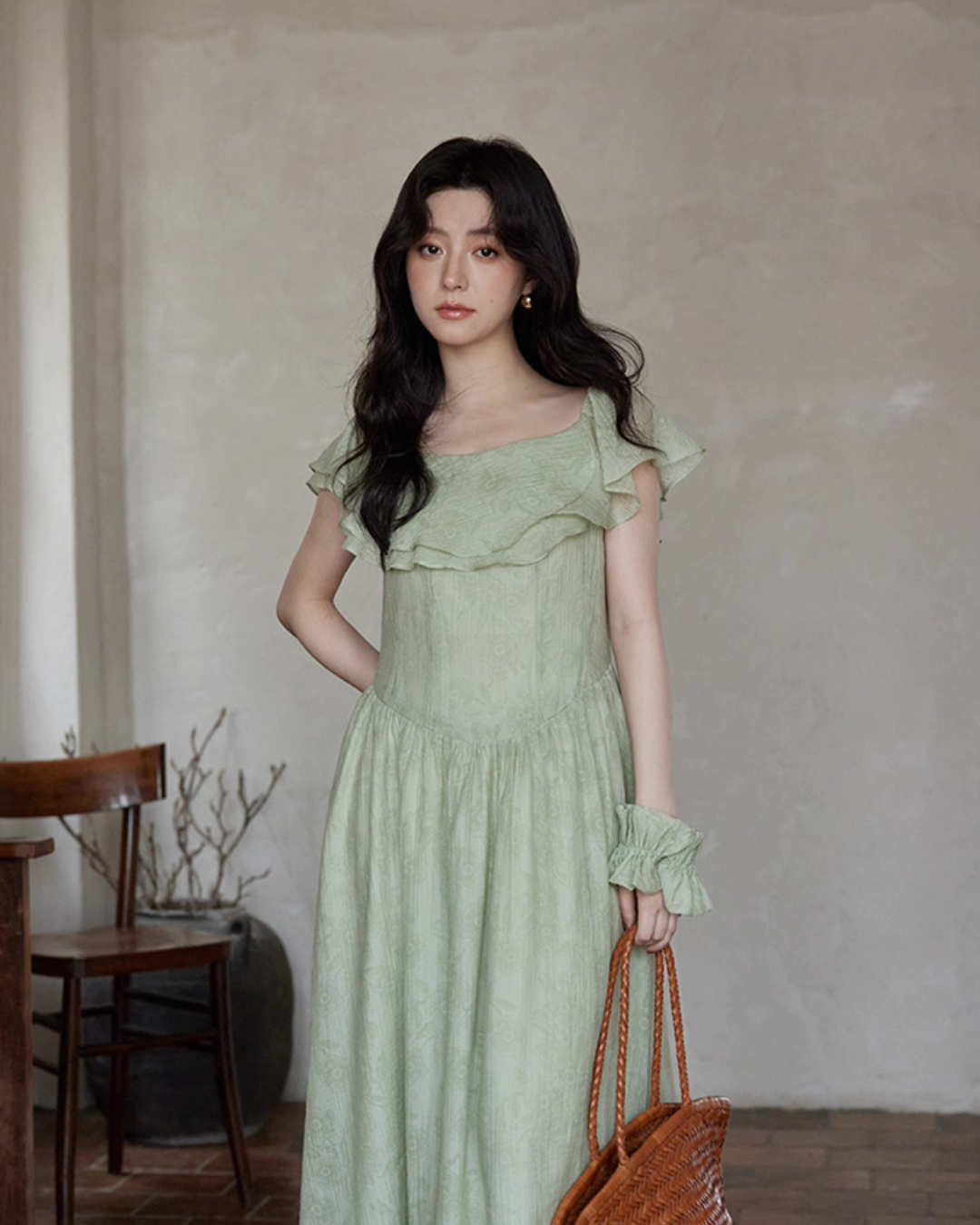Frill Collar Green Long Dress SMS0012