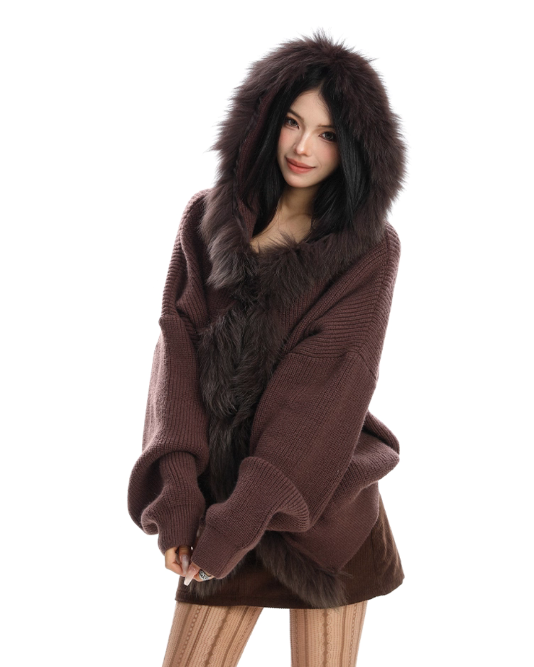 Fur Hood Zip Up Knit BGS0018