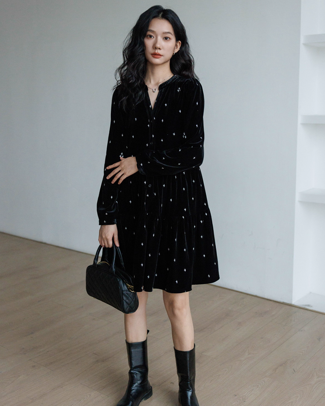 French Star Embroidery Velvet Dress VAS0128