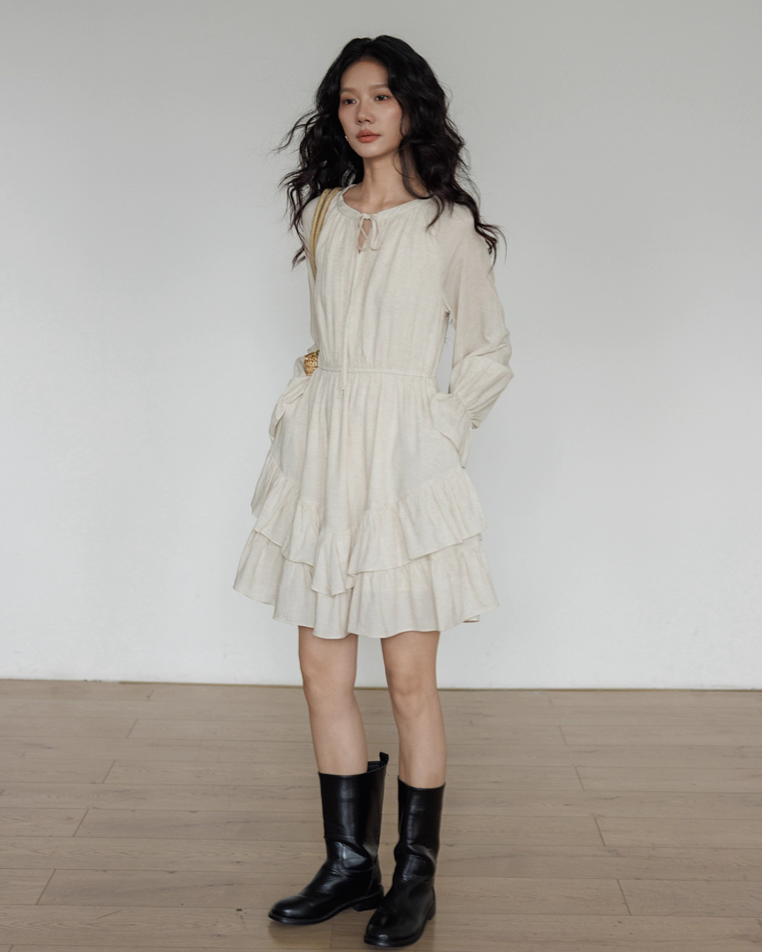 Round Neck Linen Long Sleeve Dress VAS0152