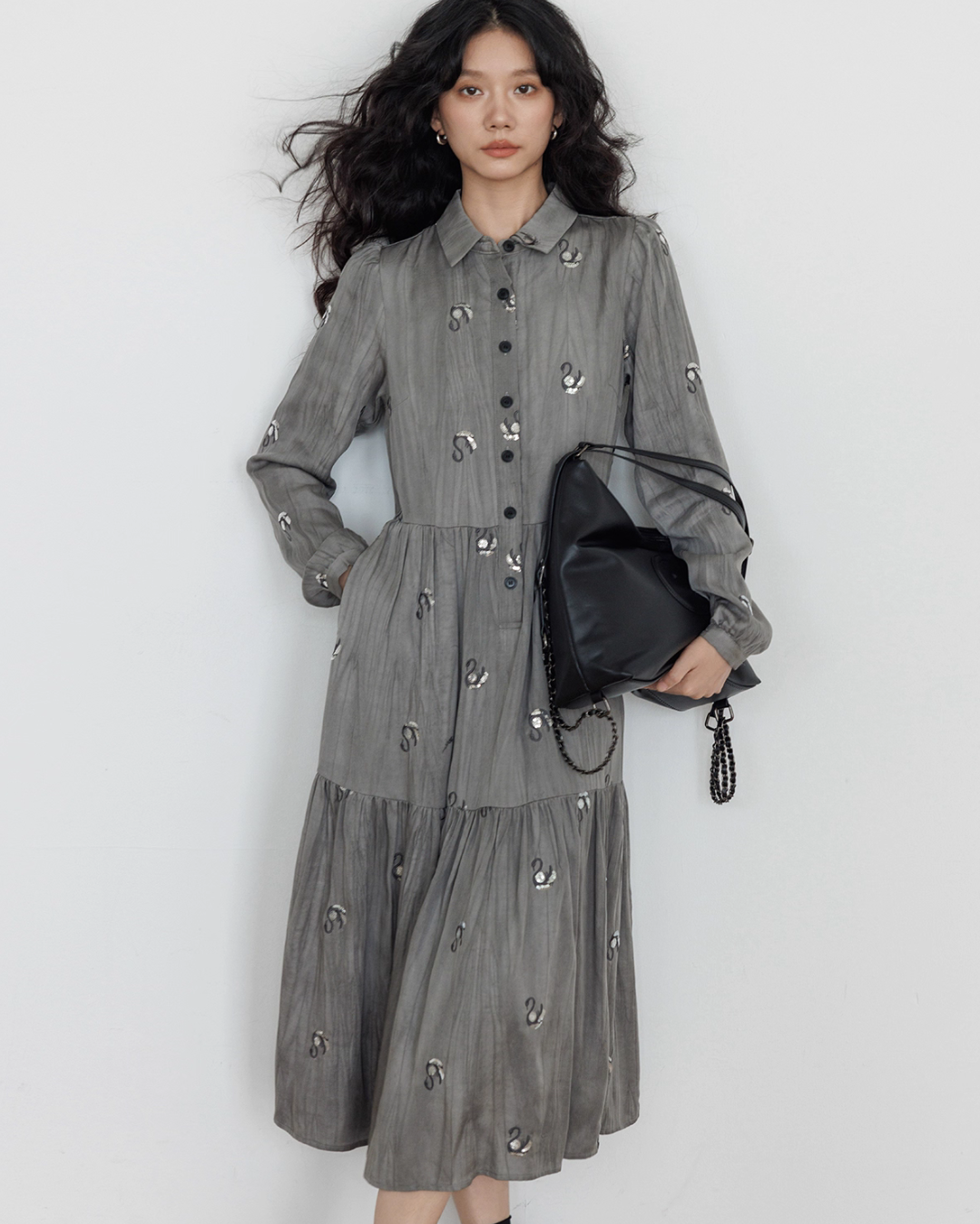 Long-Sleeve Shirt Flare Long Dress VAS0159