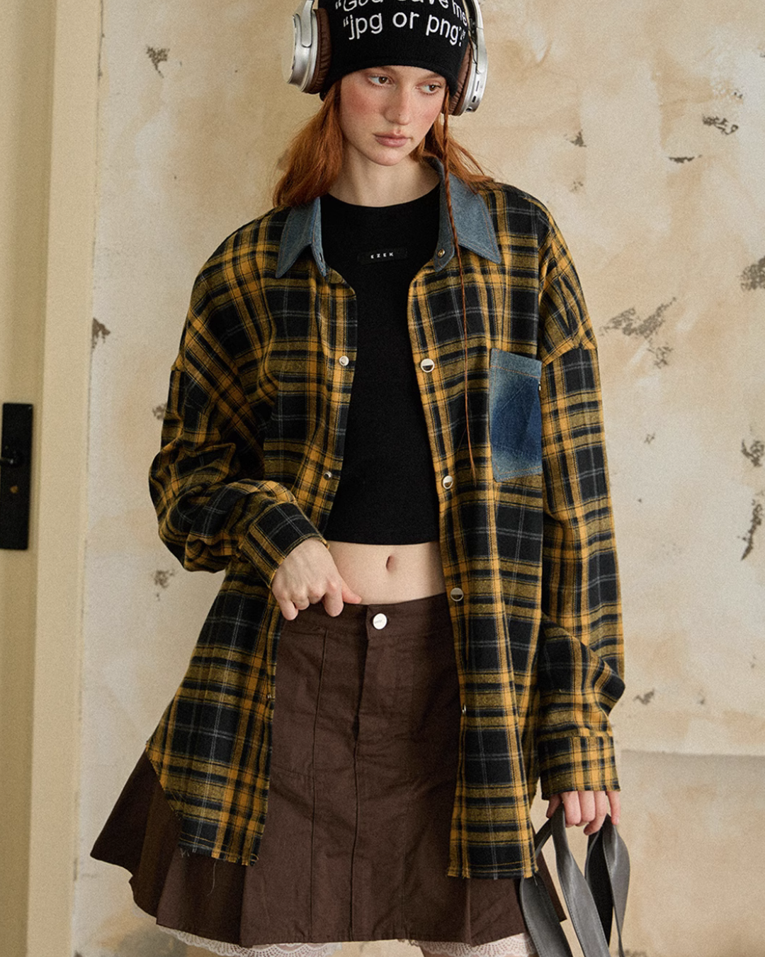 Denim Collar Check Shirt EZK0069