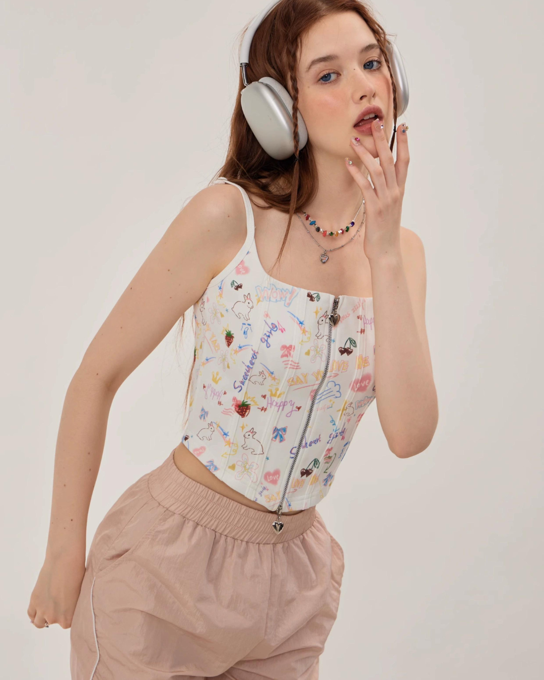 Graffiti Printed Zip Rib Camisole ZZF0252