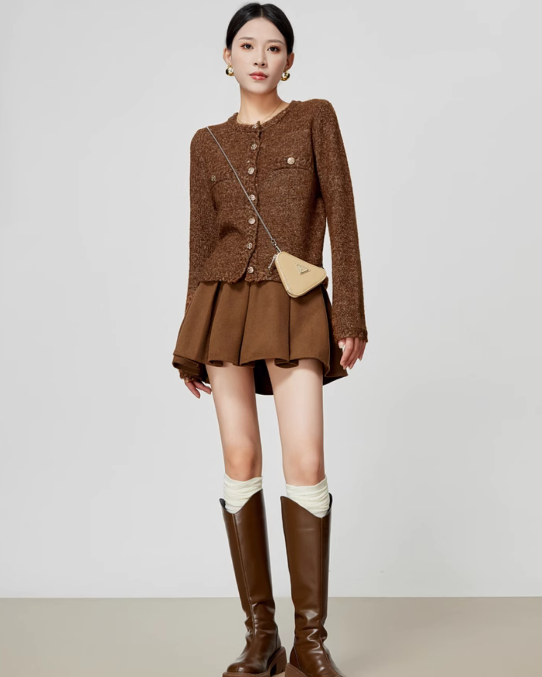 Brown Tweed Jacket / Flared Pleated Skirt LLA0340