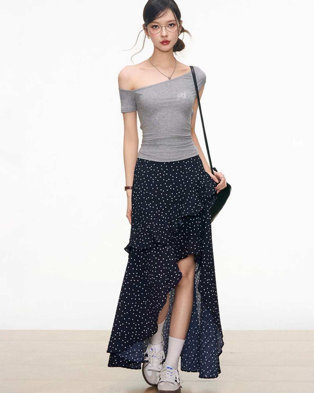 Gray Off-Shoulder Top / Navy Blue Polka Dot Long Skirt WEO0033