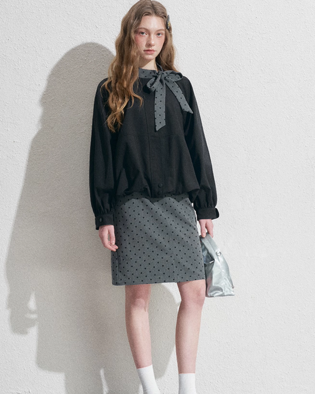 Ribbon Collar Long-Sleeve Blouse / Polka Dot Skirt NEP0002