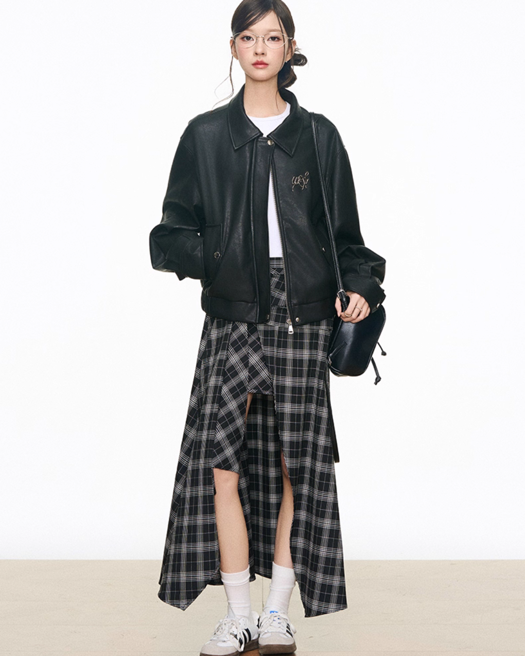 Leather Jacket / Asymmetric Check Pattern Skirt WEO0064