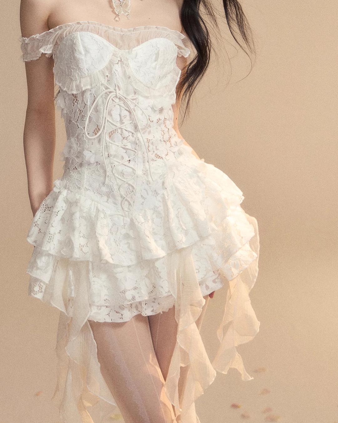 Off-shoulder lace ruffle dress LAS0022