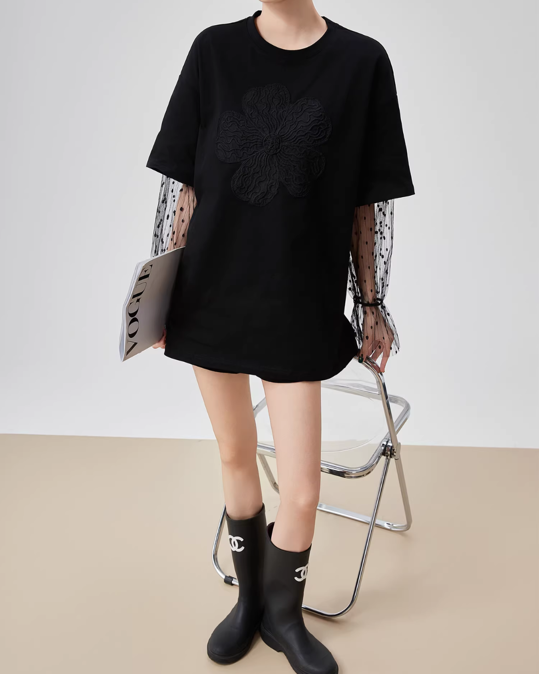 Lace Sleeve Round Neck T-Shirt FER0082