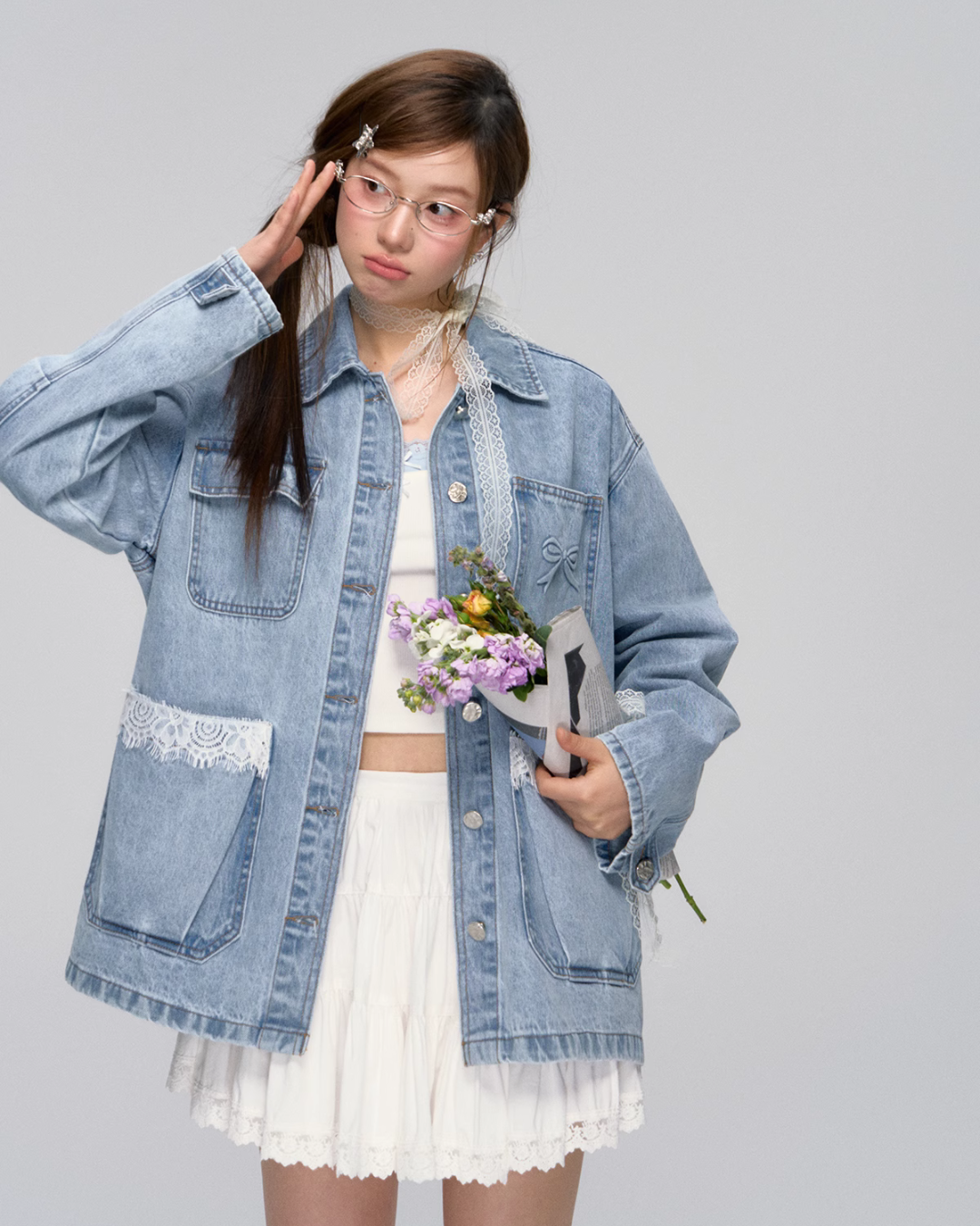 Lace Pocket Denim Jacket / Cropped Lace Camisole ASG0029