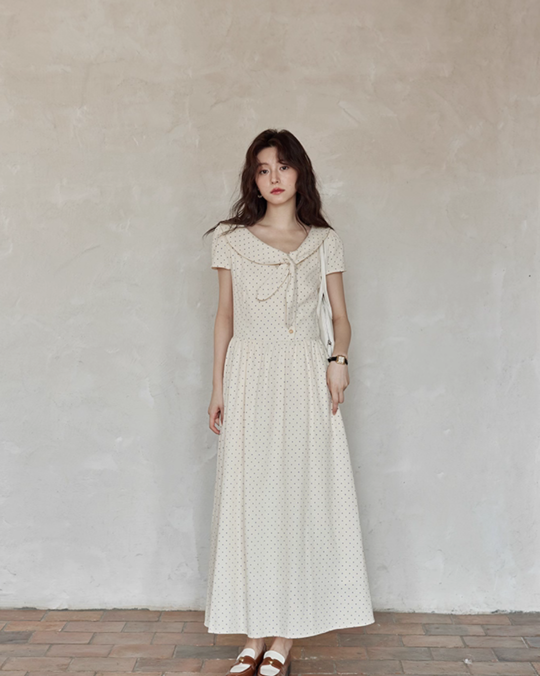 Ribbon Collar Polka Dot Dress SMS0022