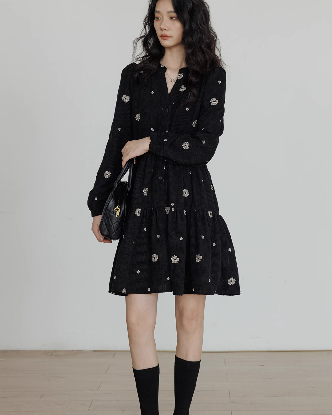 V-Neck Flower Embroidered Dress VAS0001