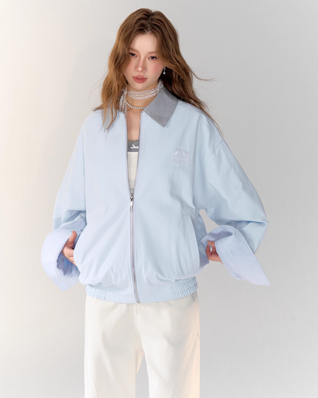 Light Sea Salt Blue Jacket / White Wide Pants ASG0021