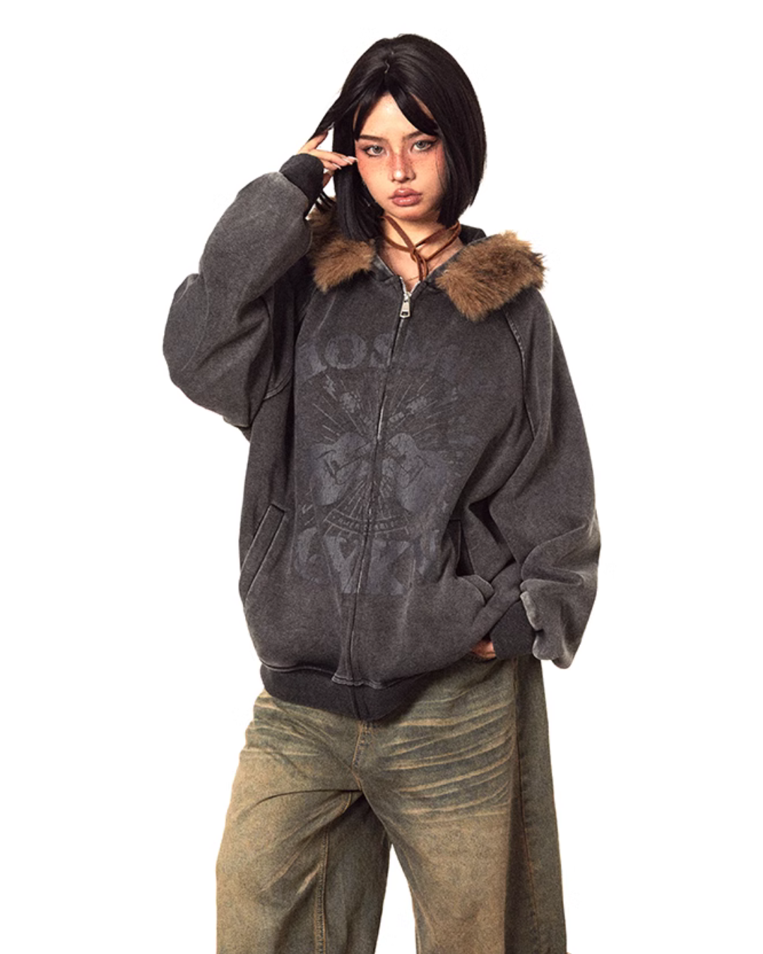 Fur Hood Zip-Up Hoodie BLB0007