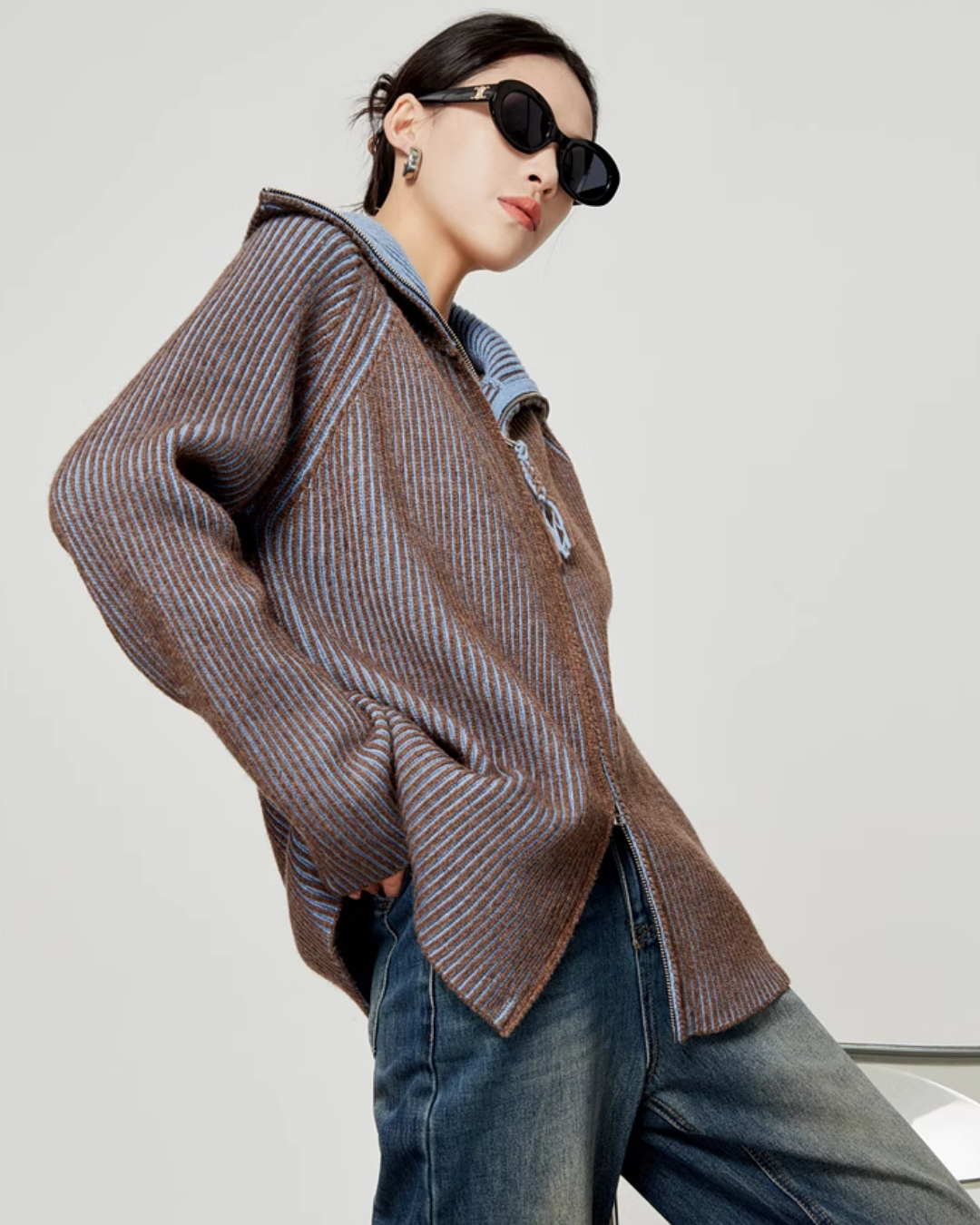 Double Zipper Knit Cardigan / Vintage Denim Pants LLA0344